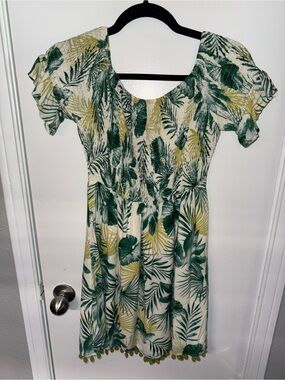 Green Leaf-Print Short Summer Dress